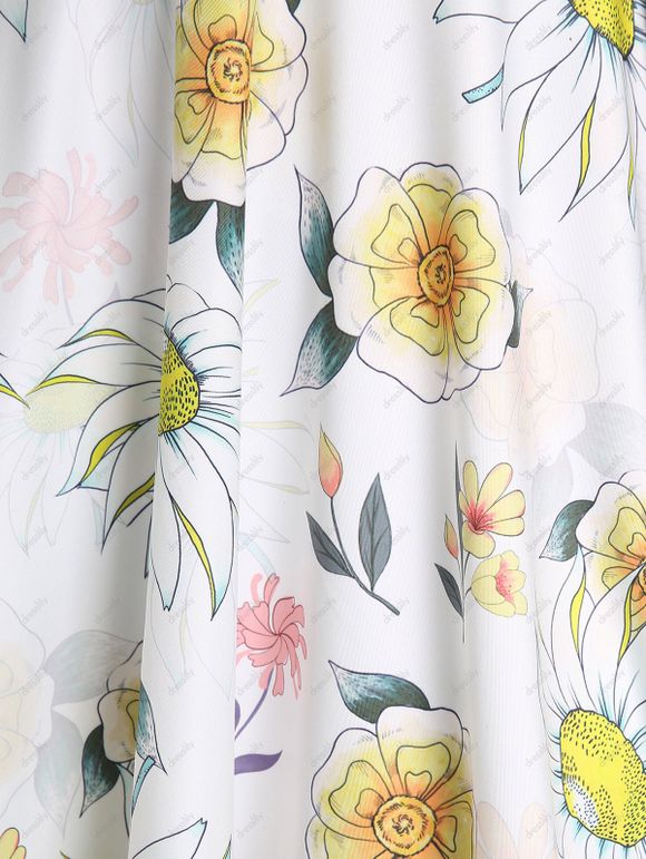 Robe Ligne A Haute Basse Ceinture à Imprimé Tournesol Bague en O de Vacance - Blanc 2XL