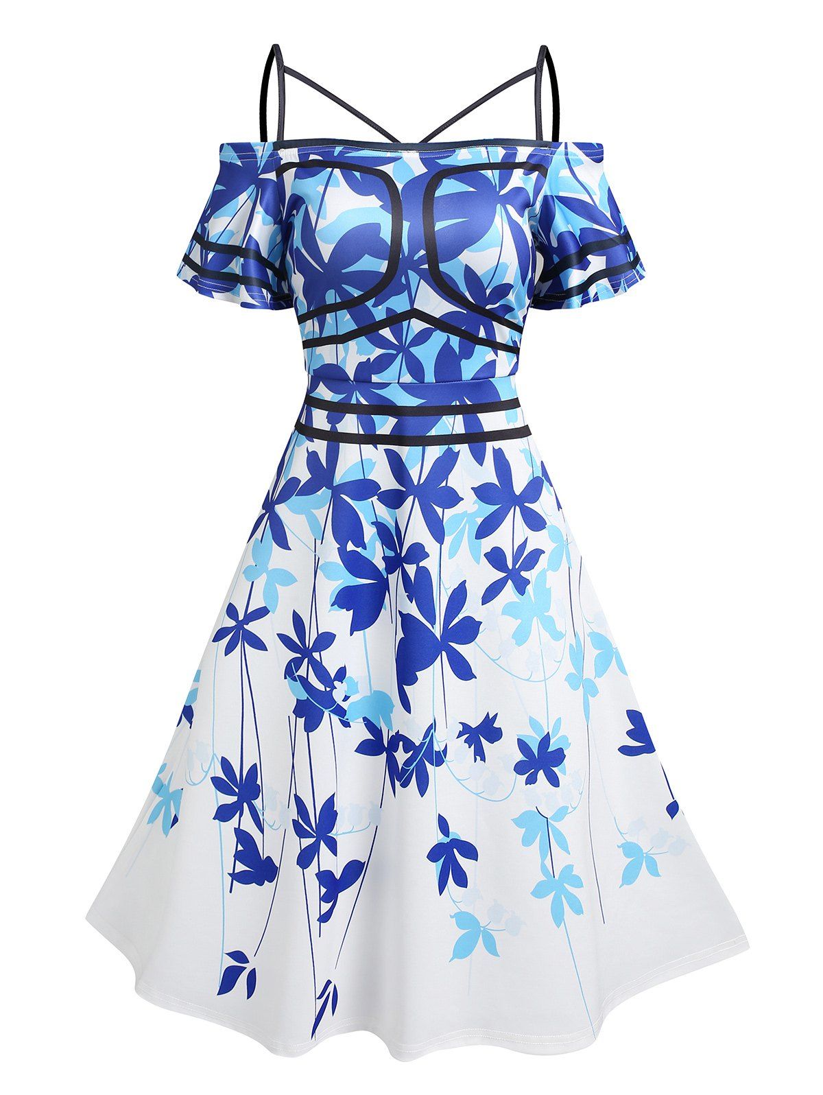 Leaf Pattern Cold Shoulder Dress - BLUE XL