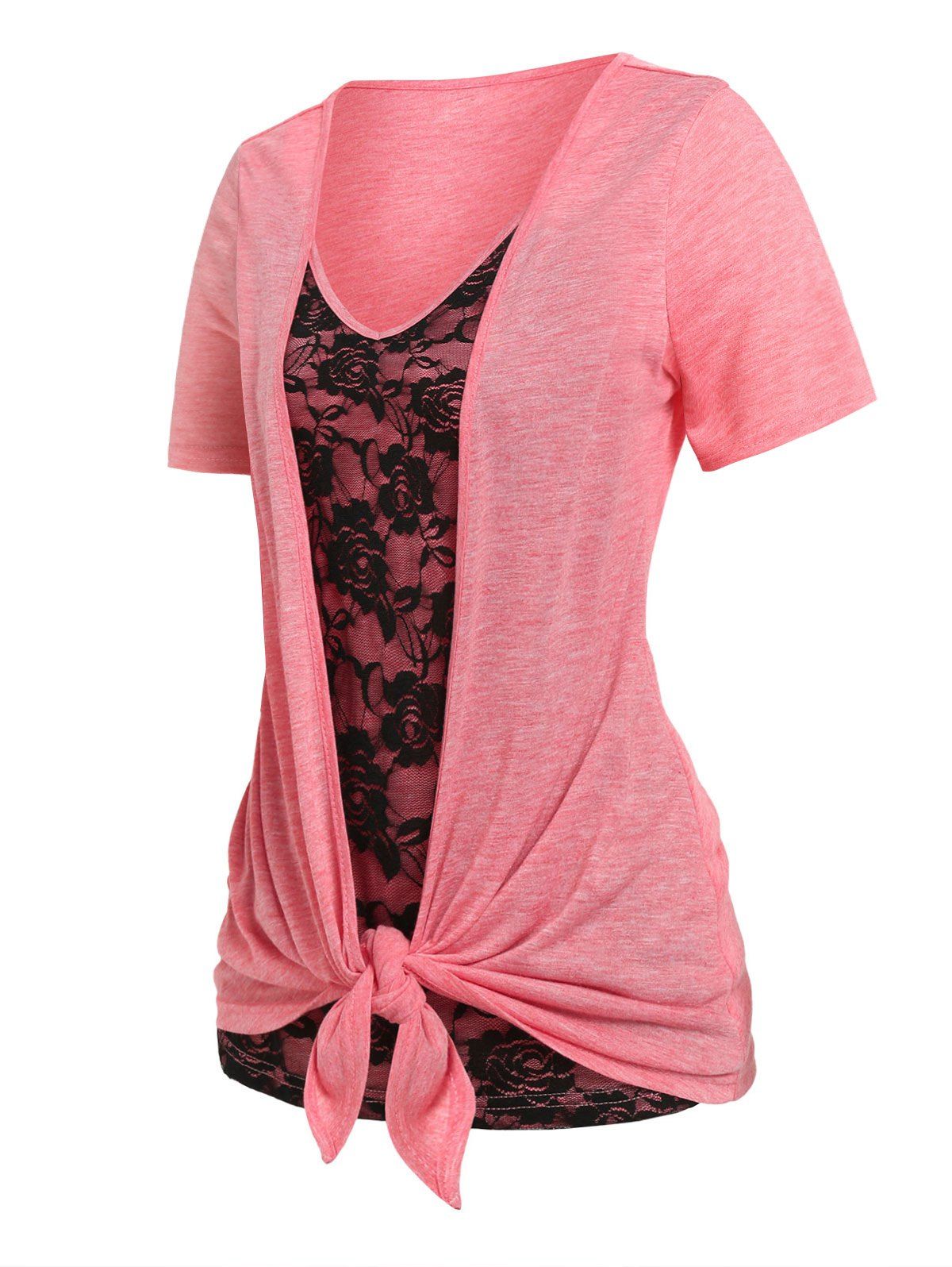 T-shirt Drapé Bicolore Panneau en Dentelle de Grande Taille - Rose clair 5X