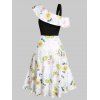 Vacation Printed Sunflower O Ring Belt Skew Neck A Line High Low Dress - WHITE S