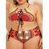 Maillot de Bain Bikini à Imprimé Tribal Croisé de Grande Taille à Lacets - Rouge 3XL