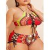 Plus Size Cross Lace Up Tribal Print Bikini Swimwear - RED 2XL