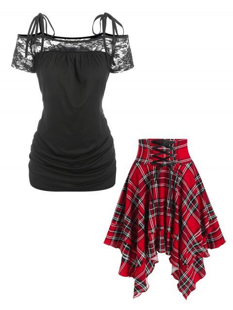 Lace Panel Tie T-shirt and Plaid Handkerchief Skirt Outfit