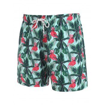 

Coconut Tree Flamingo Print Board Shorts, Deep green