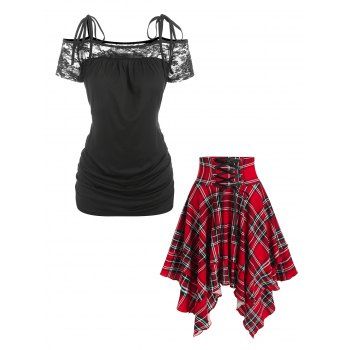 

Lace Panel Tie T-shirt and Plaid Handkerchief Skirt Outfit, Red