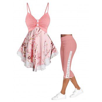 

Floral Skirted Cami Top and Lace Up Capri Leggings Outfit, Light pink
