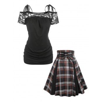 

Lace Panel Tie Shoulder T-shirt and Plaid Skirt Outfit, Black