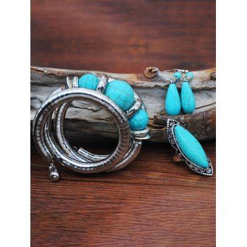 Ethnic Retro Faux Turquoise Ring and Earrings and Bracelet Set