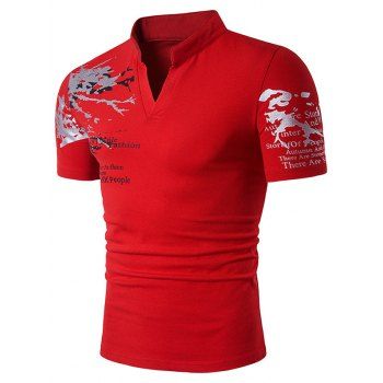

V Notched Graphic Stand-up Collar T Shirt, Red