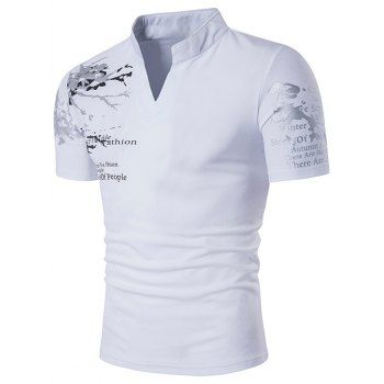 V Notched Graphic Stand-up Collar T Shirt, White