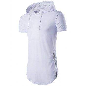 

Drawstring Curved Hem Zipper Slit Hooded T Shirt, White