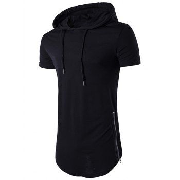 

Drawstring Curved Hem Zipper Slit Hooded T Shirt, Black