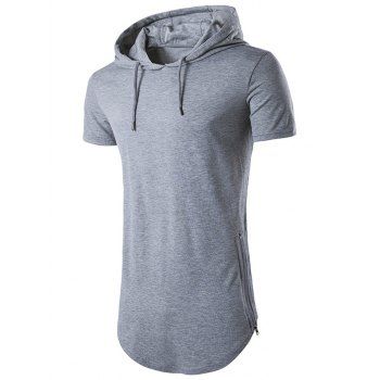 

Drawstring Curved Hem Zipper Slit Hooded T Shirt, Light gray