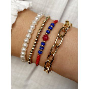 

4 Pcs Faux Pearl Beading Chain Bracelet Set, Golden