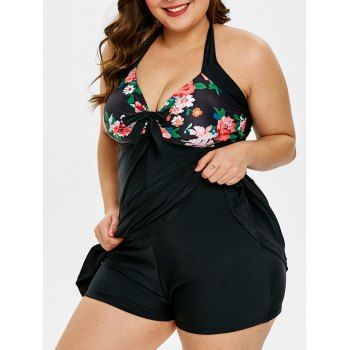 

Plus Size Floral Halter Skirted Tankini Swimwear, Black