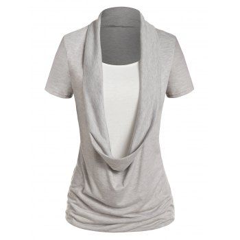 

Plus Size T Shirt Cowl Neck T Shirt Draped Front Two Tone T-shirt, Light gray