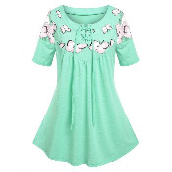 

Plus Size Lace Up Embroidered Butterfly T Shirt, Light green