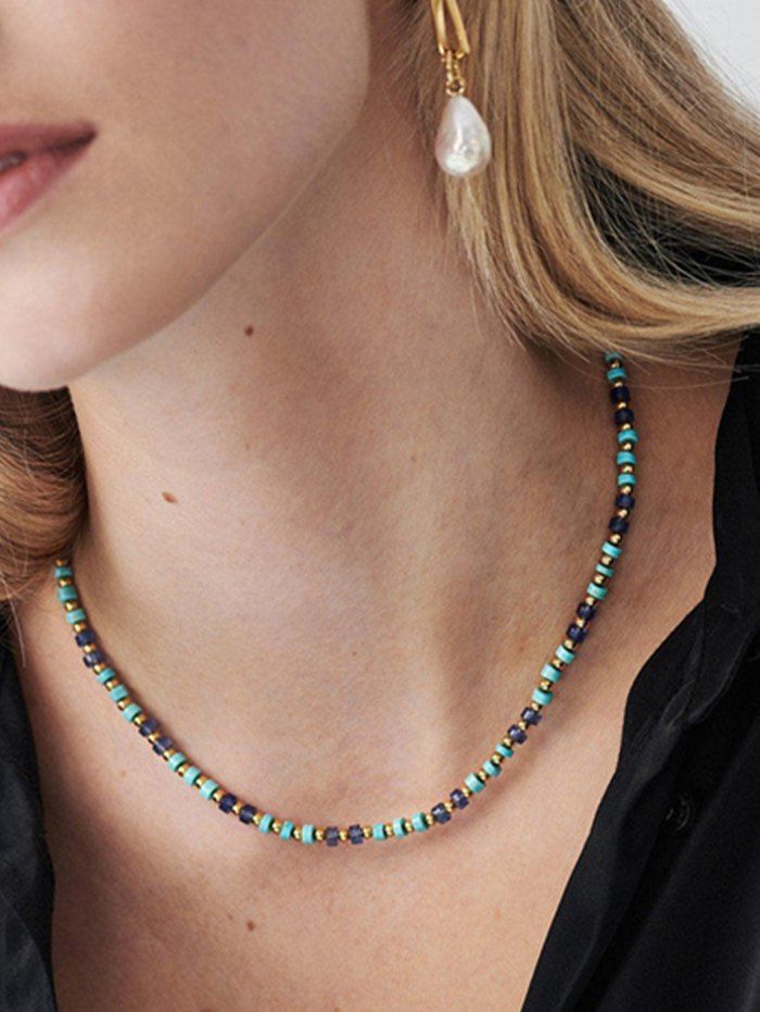 Collier Bohémien Perles en Fausse Turquoise Ronde - Vert clair 