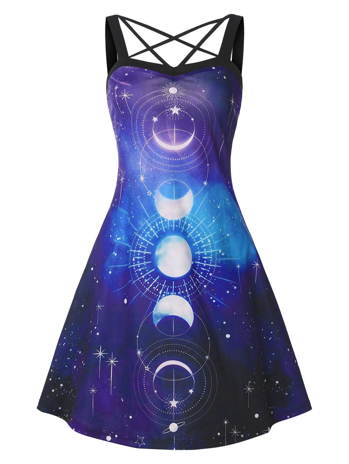 Moon Phase Galaxy Print Crisscross Dress - multicolor L