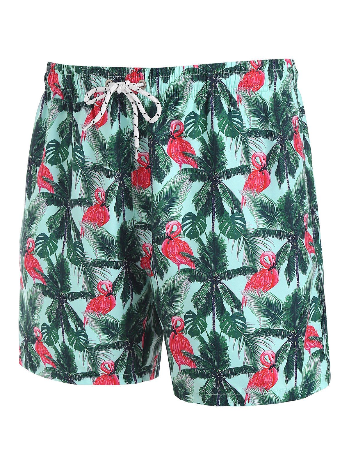 Coconut Tree Flamingo Print Board Shorts - DEEP GREEN XXL