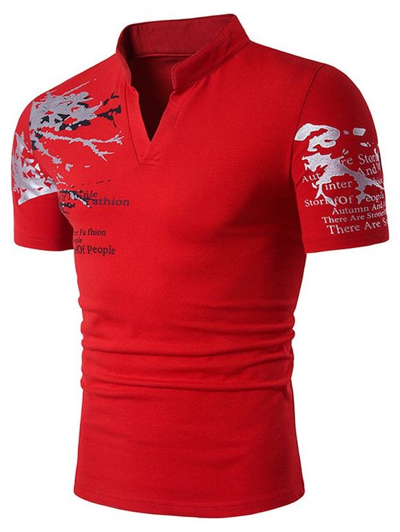 T-shirt à Col Montant Graphique Cranté en V - Rouge XXL