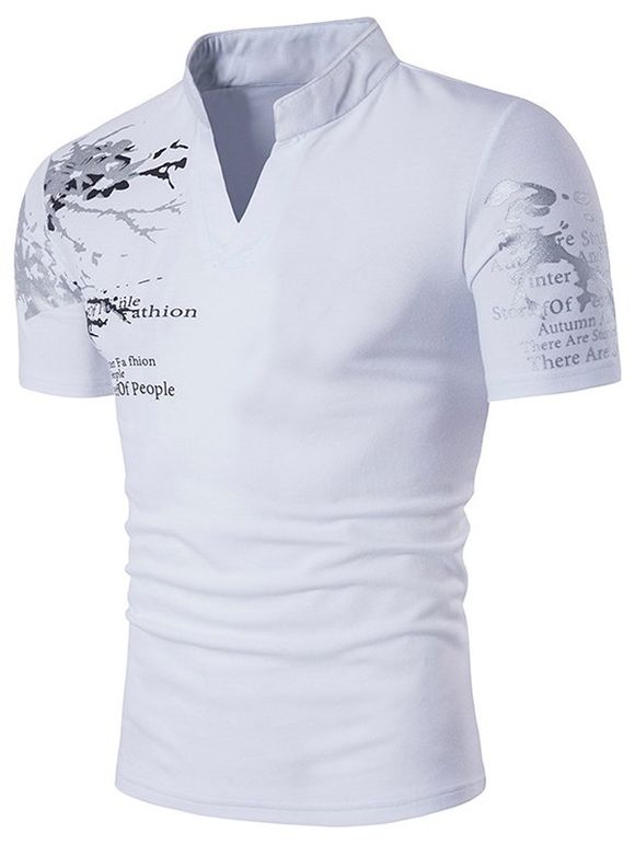T-shirt à Col Montant Graphique Cranté en V - Blanc XXL