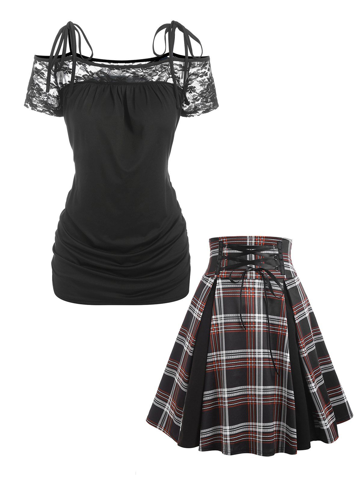 Lace Panel Tie Shoulder T-shirt and Plaid Skirt Outfit - BLACK S