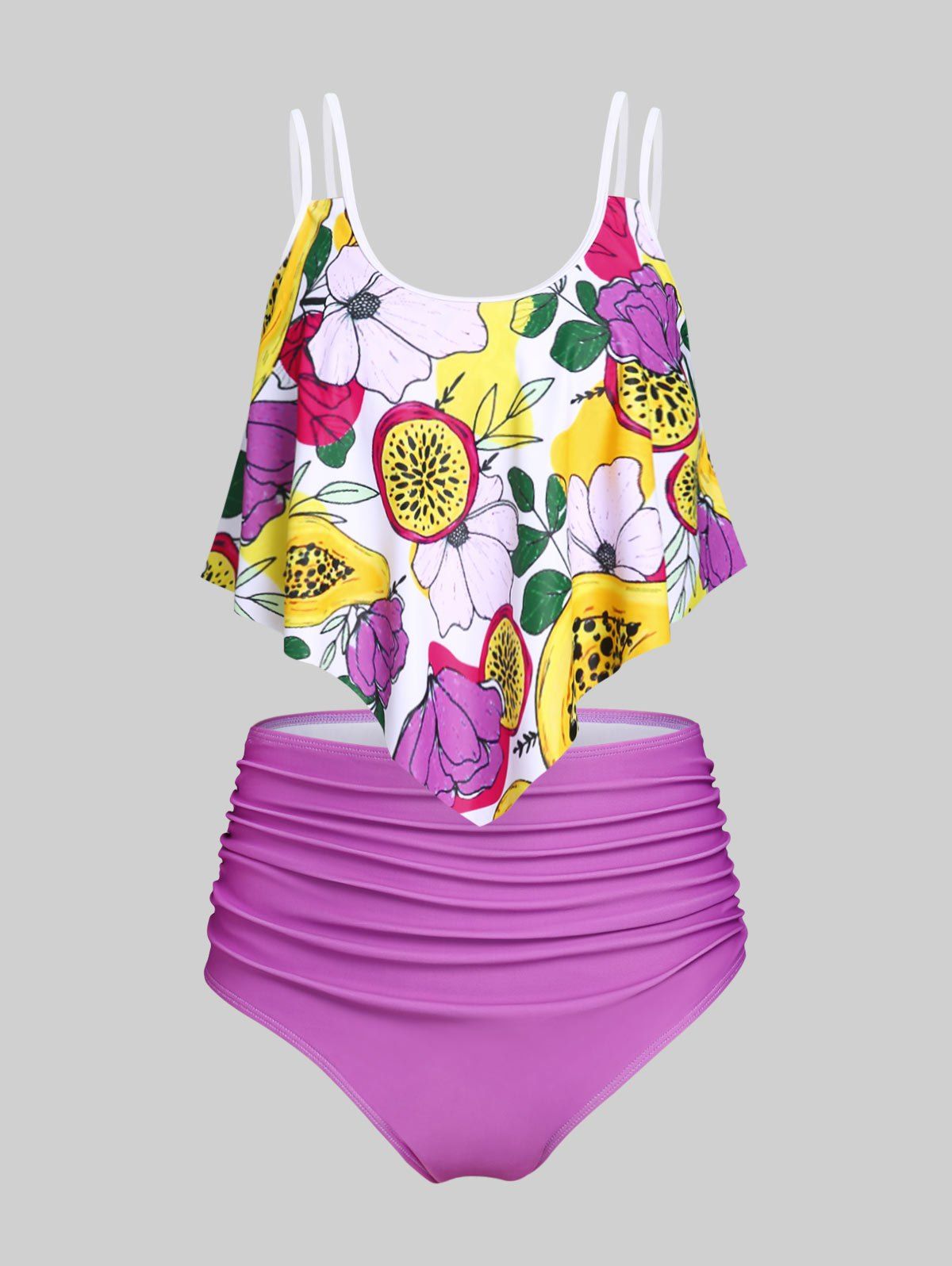 Plus Size & Curve Ruffled Floral Print Ruched Tankini Swimsuit - multicolor A 5X