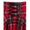 Lace Panel Tie T-shirt and Plaid Handkerchief Skirt Outfit - RED S