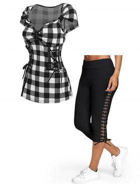Plaid Lace Up T-shirt and Capri Leggings Outfit