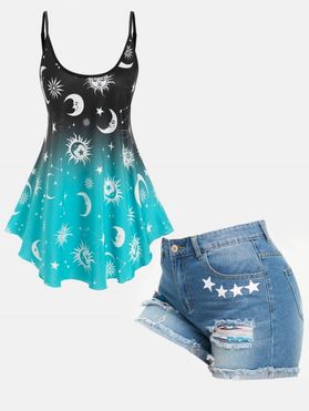 Moon Sun Star Ombre Cami Top and Ripped Denim Shorts Outfit
