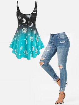 Moon Sun Star Ombre Cami Top and Ripped Frayed Jeans Outfit