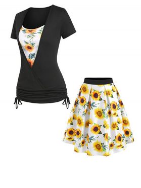 Cinched Sunflower Faux Twinset and Pleated Skirt Outfit