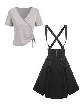 Cinched Tee and Zipper Lace Up Suspender Dress Outfit