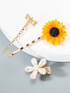3Pcs Sunflower Dragonfly Artificial Pearl Hair Clips Set