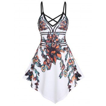 

Flower Leaf Print Cross Asymmetric Hem Tank Top, White