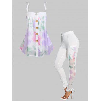 

Tie Dye Print Mock Button Cami Top And High Waisted Pants Outfit, Multicolor