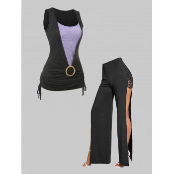 

Contrast Cinched Faux Twinset Tank Top And Lace Panel High Slit Pants Outfit, Black