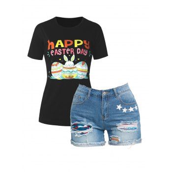 

Printed Easter T-shirt and Ripped Frayed Denim Shorts Outfit, Multicolor