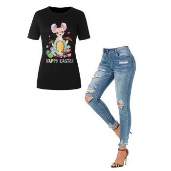 

HAPPY EASTER Graphic Tee And Ripped Denim Pants Outfit, Multicolor