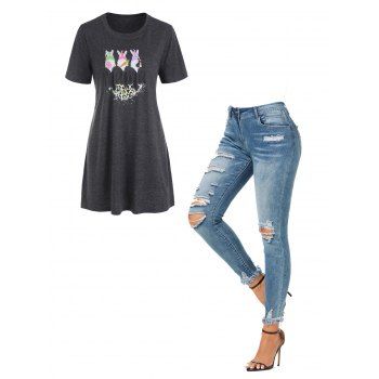 

Rabbit Leopard Graphic Tee And Ripped Light Wash Jeans Outfit, Multicolor