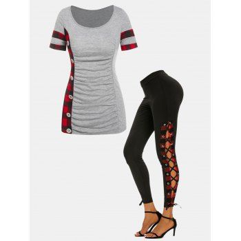 

Plaid Ruched T-shirt and Lace Up High Rise Leggings Outfit, Multicolor