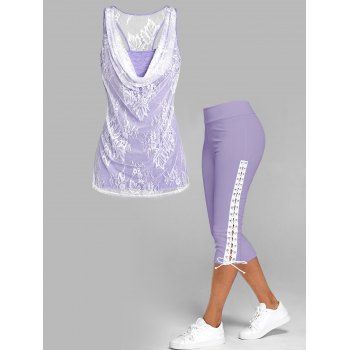 

Lace Insert Draped Tank Top and Lace Up Leggings Outfit, Light purple