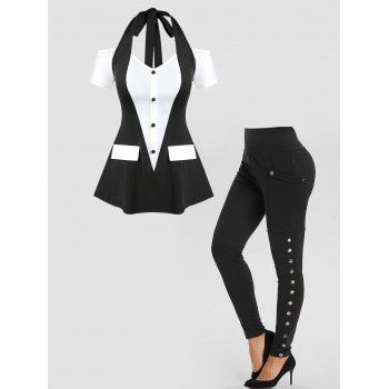 

Two Tone Contrast T-shirt and High Waisted Leggings Outfit, Black