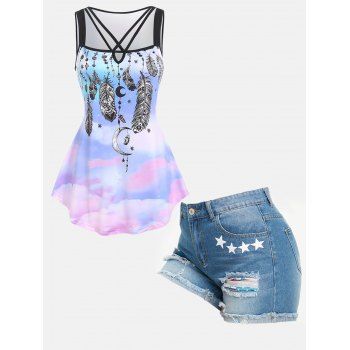 

Tie Dye Dream Catcher Print Tank Top and Ripped Denim Shorts Outfit, Multicolor