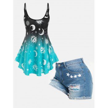 

Moon Sun Star Ombre Cami Top and Ripped Denim Shorts Outfit, Multicolor