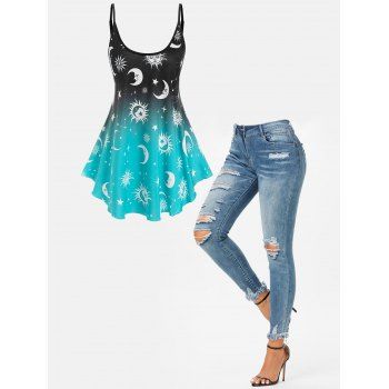 

Moon Sun Star Ombre Cami Top and Ripped Frayed Jeans Outfit, Multicolor