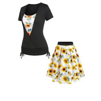 

Cinched Sunflower Faux Twinset and Pleated Skirt Outfit, Black