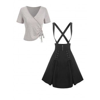 Cinched Tee and Zipper Lace Up Suspender Dress Outfit dresslily imagine noua 2022