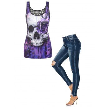 

Halloween Gothic Skull Floral Lace Insert and Destroyed Jeans Outfit, Purple